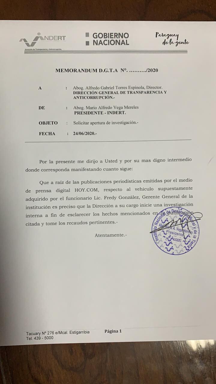 Solicitud realizada por el titular del Indert. Foto: Gentileza.