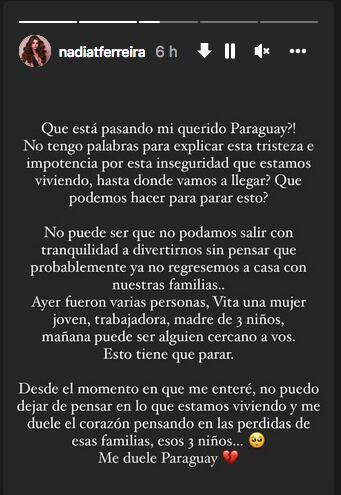 En su historia de Instagram, la miss Universo Paraguay 2021 expresó todo su dolor e impotencia. Foto: Captura de pantalla
