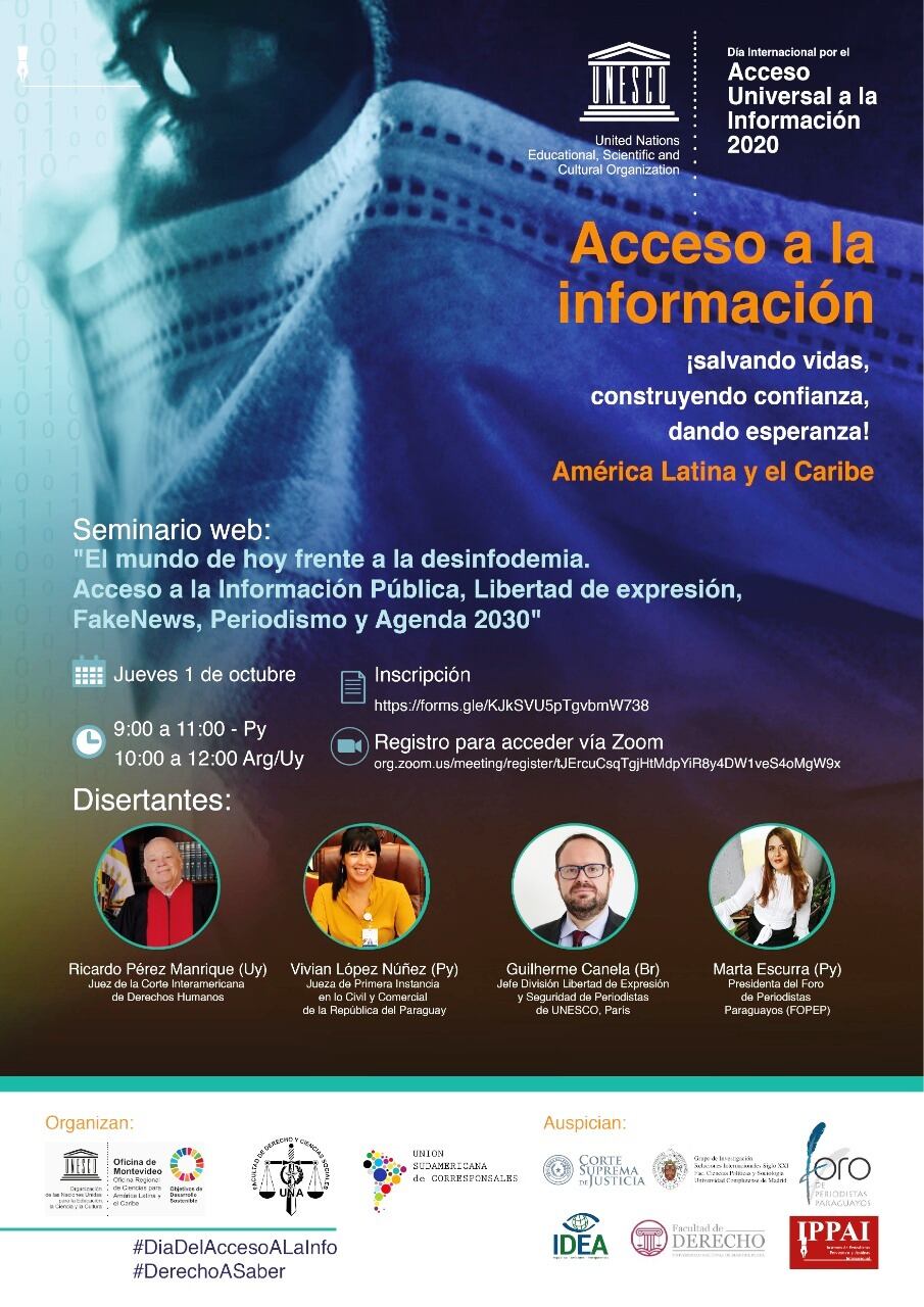 Seminario web titulado: “El mundo de hoy frente a la desinfodemia: acceso a la información, libertad de expresión, fake news, periodismo y agenda 2030”. Foto: Gentileza.