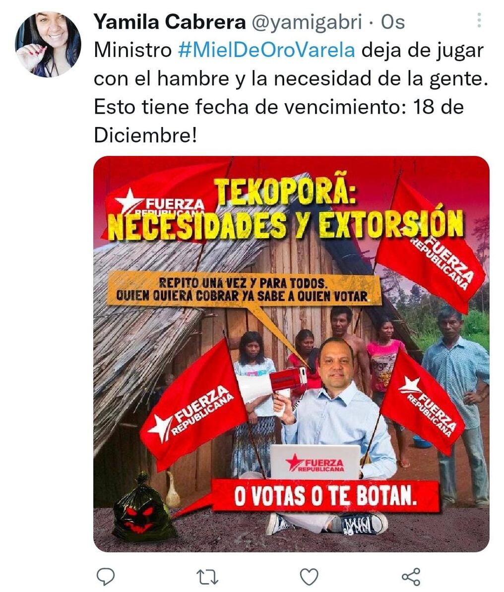 Los usuarios de las redes sociales escrachan el abierto chantaje del ministro Varela por votos. Foto: Captura de pantalla.