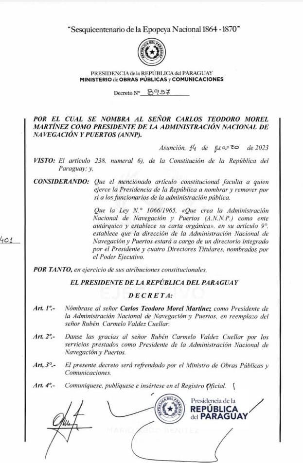 El presidente Mario Abdo Benítez designó a Carlos Morel como nuevo titular de la Administración Nacional de Navegación y Puertos (ANNP) en reemplazo de Rubén Valdez Cuellar. Foto: Gentileza.