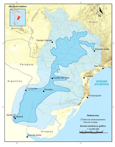 Un mapa muestra la zona aproximada que comprende el Acuífero Guaraní y que se encuentra en parte de los cuatro países que conforman el Mercosur. Foto: Gentileza.