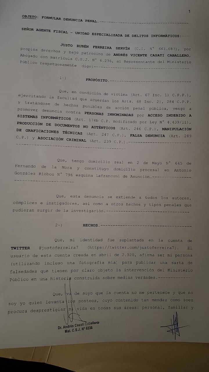 Denuncia formulada por el empresario Justo Ferreira.