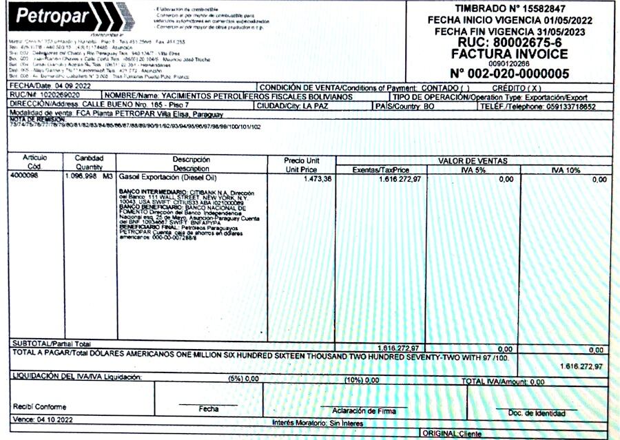 Factura de Petropar del pasado 4 de setiembre en la que se puede
ver el precio por metro cúbico de gasoil a US$ 1.473,36, que fue
bajando continuamente en dos semanas.