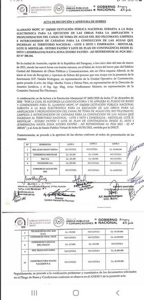 Tras el acto de apertura de sobres, el  Ministerio de Obras Públicas y Comunicaciones (MOPC) divulgó la lista de constructoras oferentes para las obras del Pilcomayo. Foto: Gentileza.