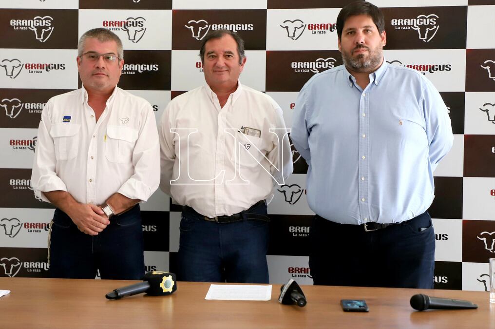 El presidente de la Asociación de Criadores de Brangus del Paraguay (ACBP), Miguel Reinau, César Kreling y José Chagra realizaron la conferencia de prensa. Foto: Roberto Zarza. 