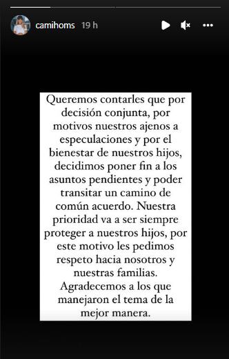 Comunicado de Cami Homs respecto a su relación con Rodrigo De Paul y sus dos hijos. Foto: captura de pantalla.