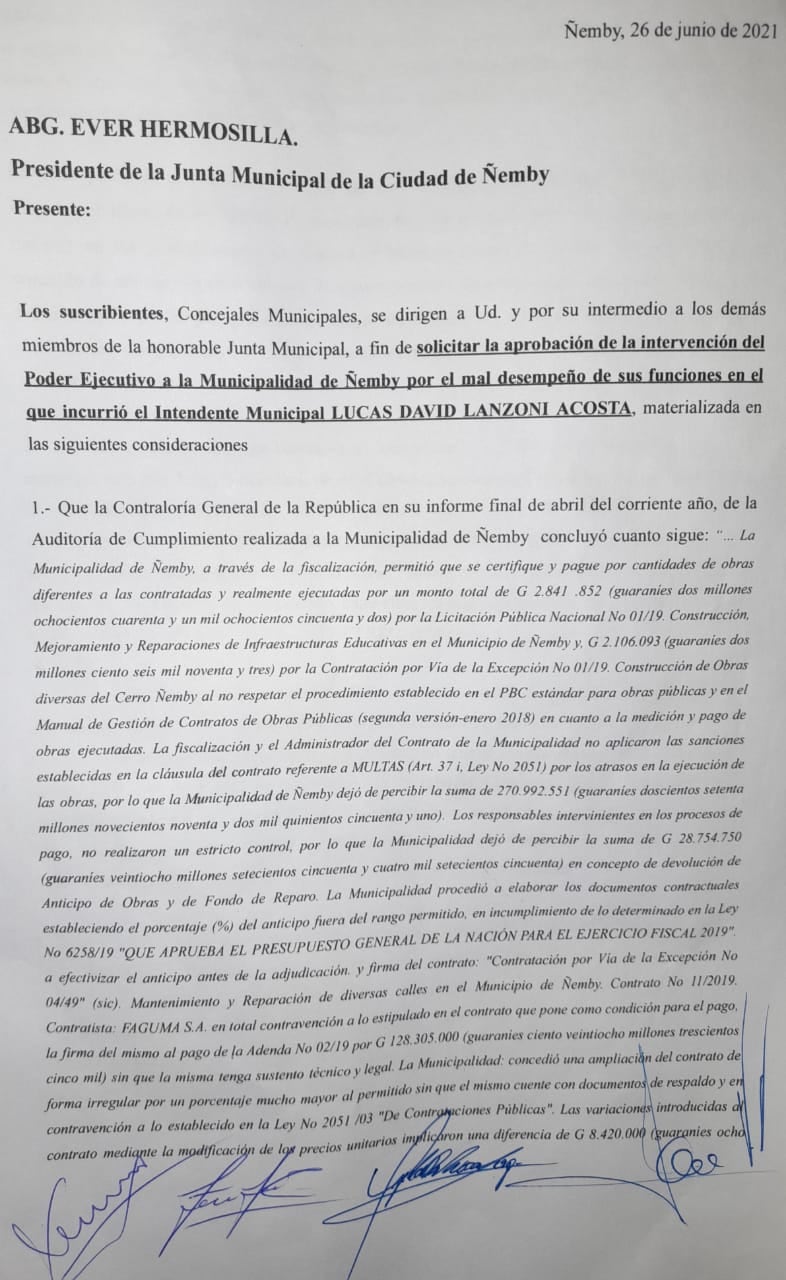 Documento remitido al presidente de la Junta Municipal de Ñemby por los concejales colorados. Foto: Gentileza.