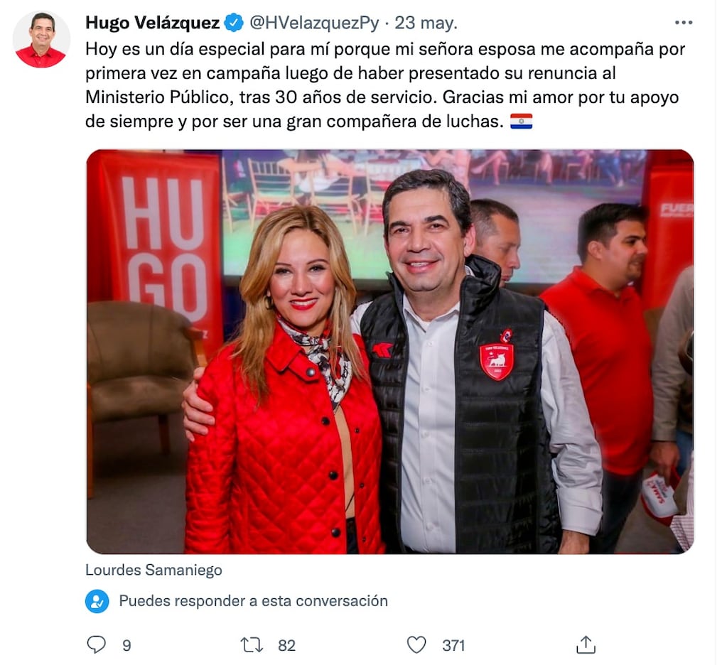 Captura del tuit de Velázquez anunciando la renuncia de su esposa. Foto: Gentileza