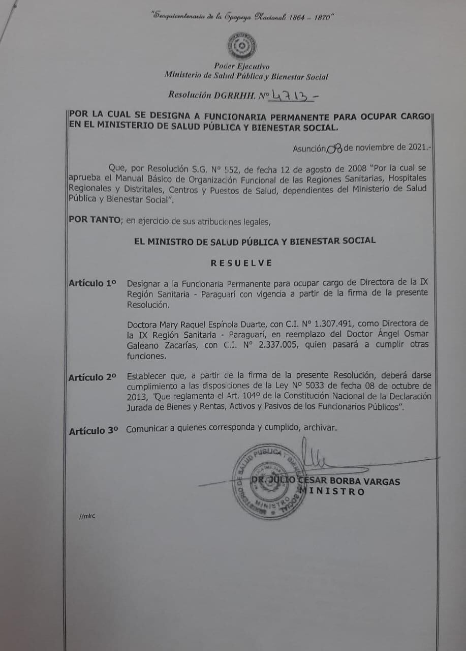 La resolución ministerial que avala la designación de la nueva directora de la región sanitaria de Paraguarí. Foto: Gentileza.