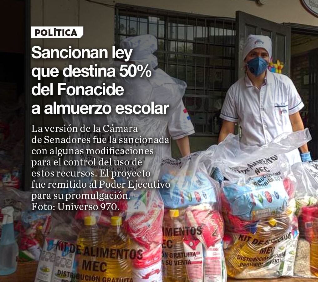 Sancionan ley que destina 50% del Fonacide a almuerzo escolar