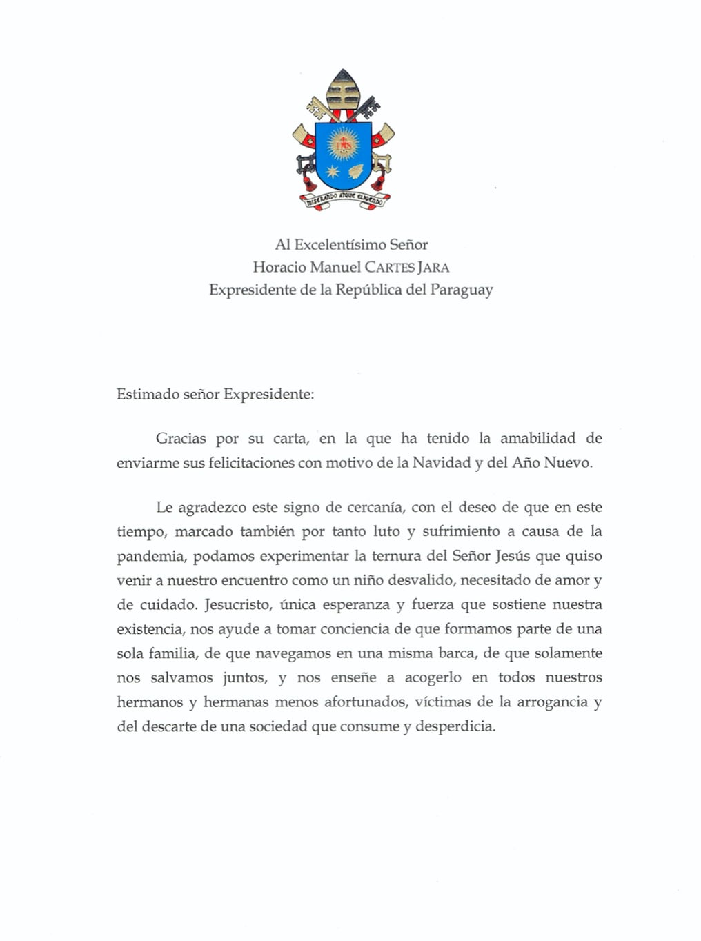 Carta enviada por el Papa Francisco al expresidente Horacio Cartes. Foto: Gentileza.
