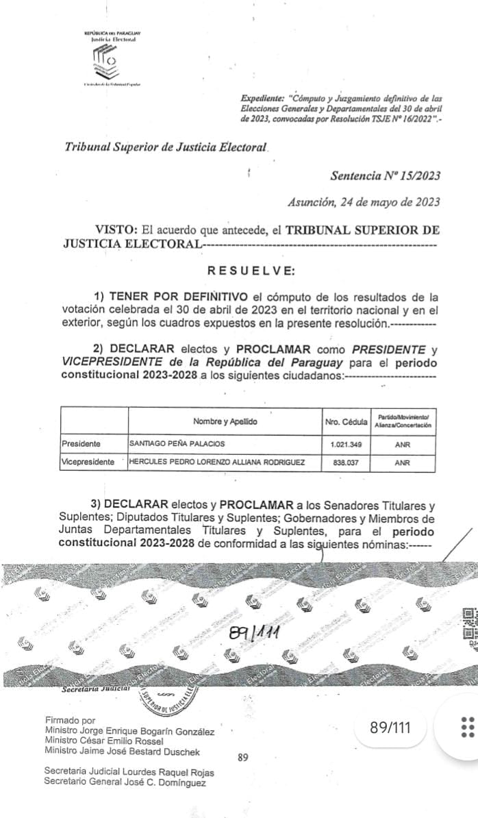 Resolución de la Justicia Electoral, a través de la cual quedan proclamadas las autoridades electas el 30 de abril. Esto no se vincula con el acto protocolar de la entrega de títulos habilitantes, pues lo que oficializa a las autoridades es la proclamación. Foto: TSJE