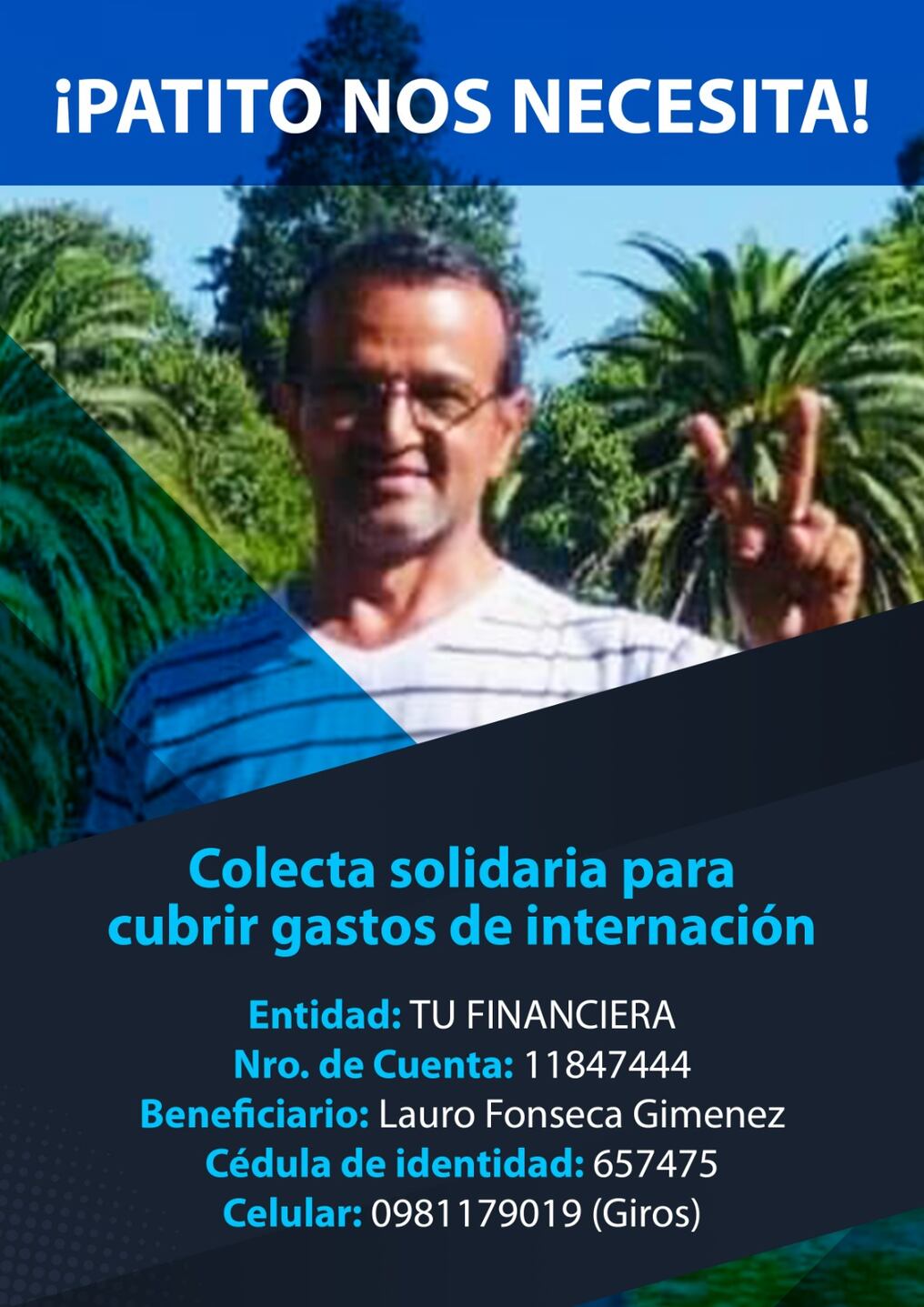 Osvaldo Fonseca, más conocido como “Pato” Fonseca, camarógrafo con 40 años de trayectoria en los medios de comunicación, se encuentra internado en delicado estado de salud en el Hospital Central del IPS. Foto: Gentileza.