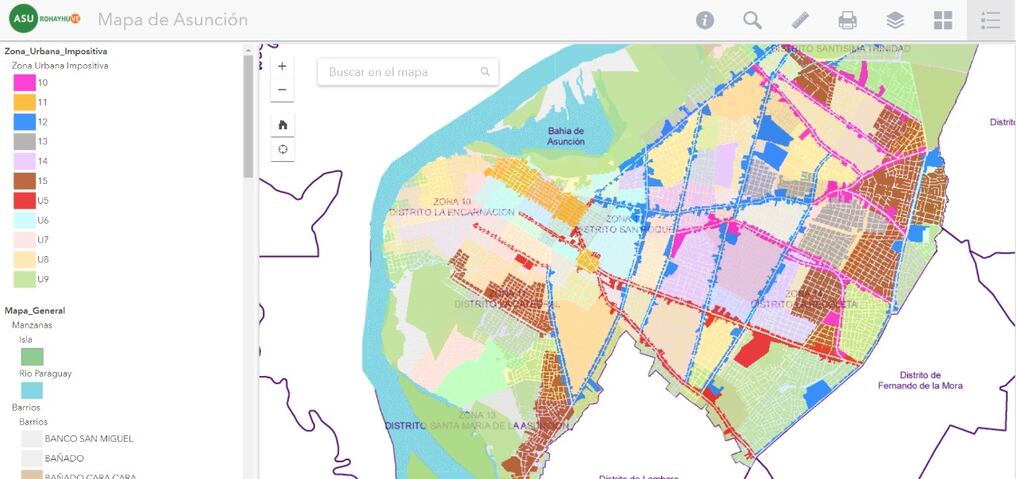 Acá podemos observar las zonas impositivas de Asunción. Está clasificada por zonas y cada una tiene su valor dependiendo de varios indicadores, si está ubicada sobre una avenida, si tiene asfaltado o si tiene empedrado y los m2 construidos, etc.