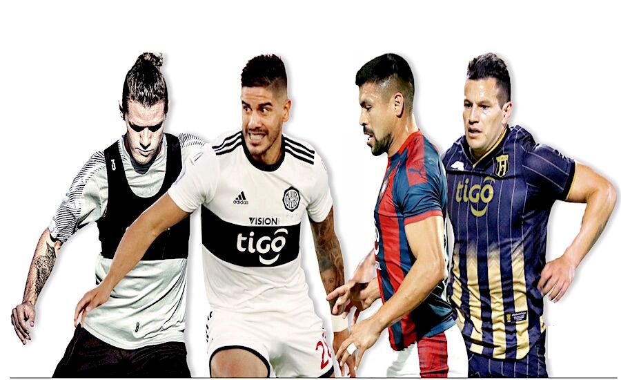 Bautista Mer­lini, refuerzo de Libertad, Jorge Recalde, el hombre gol de Olimpia, Juan Patiño, fuerza y calidad en la defensa azulgrana y Raúl Bobadi­lla, un tanque en el ataque de Guaraní.FOTO:JORGE JARA