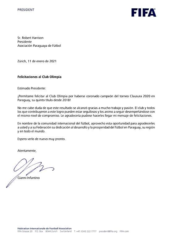 Nota de felicitaciones de la FIFA por el último título alcanzado.