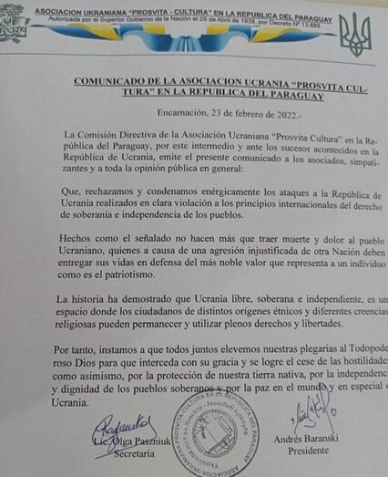 Los ucranianos residentes en nuestro país "condenan enérgicamente los ataques a la República de Ucrania". Foto: Gentileza.