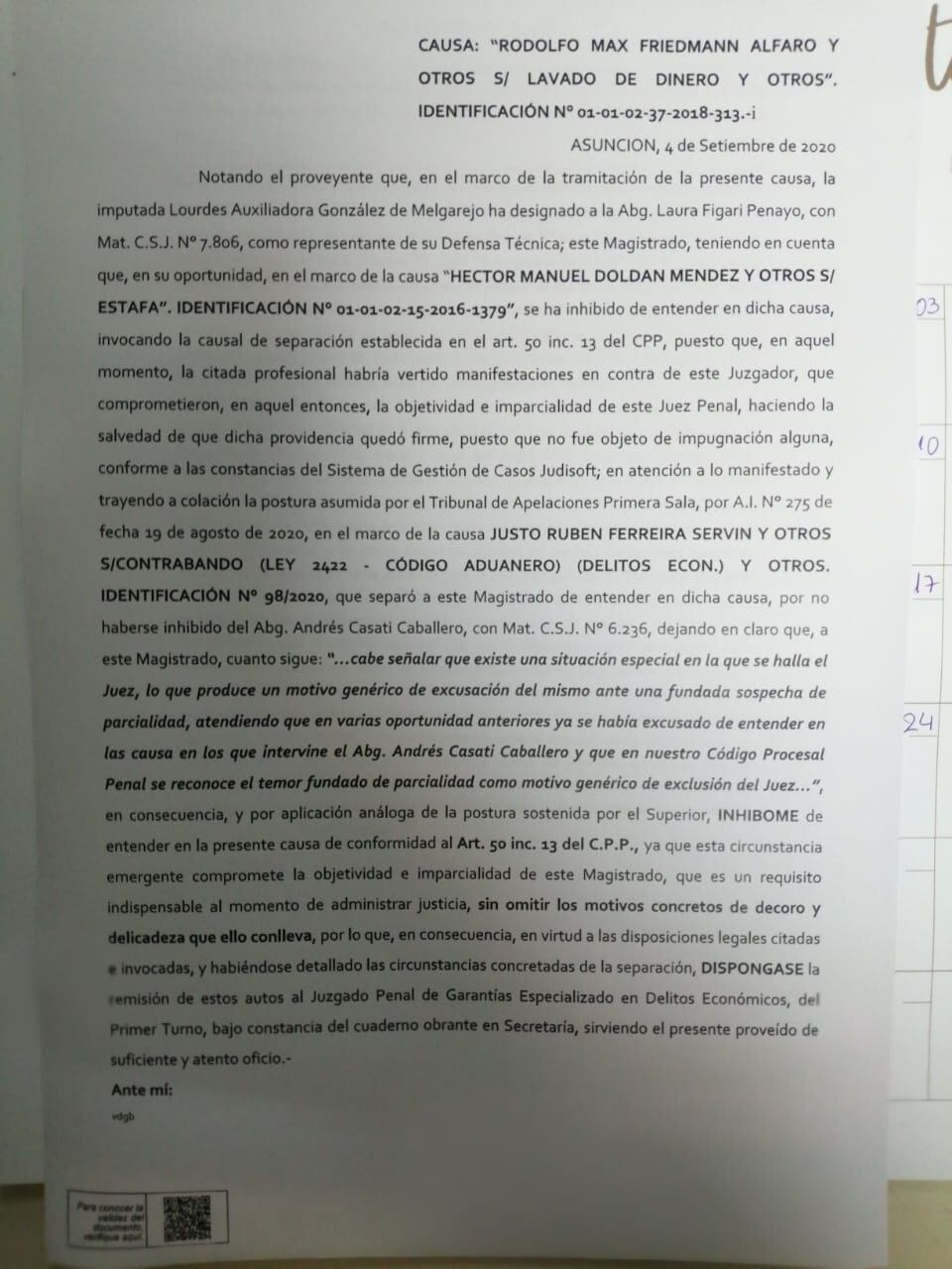 Ahora el expediente pasará al despacho del juez penal Huberto Otazú, quien deberá analizar si acepta entender en el presente proceso penal. Foto: Gentileza.
