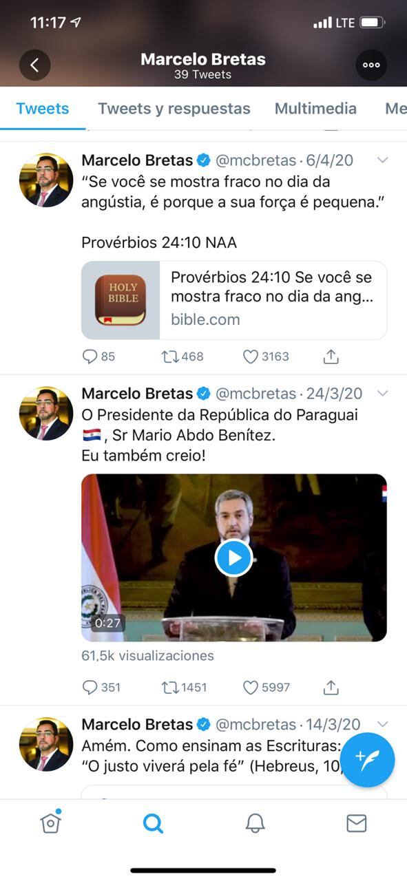 Las muestras de apoyo a Mario Abdo se vieron reflejadas a través de las redes sociales del juez Marcelo Bretas. Foto: Captura de pantalla.
