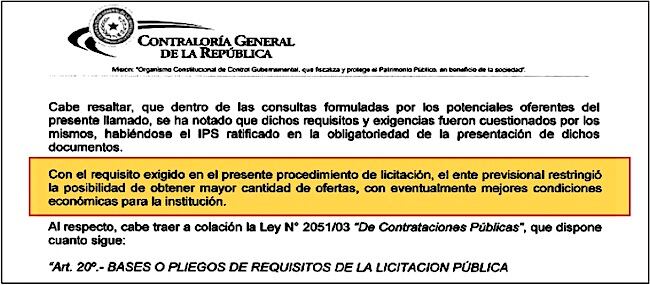 Licitación adjudicada por Bataglia tiene serios cuestionamientos por parte de la CGR.