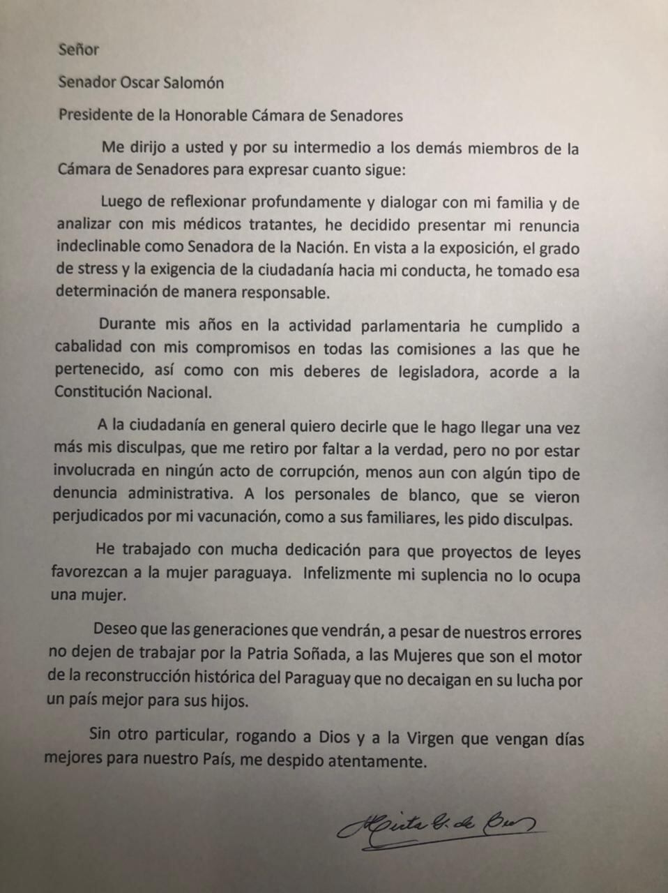 Parte de la nota sobre la renuncia de Mirta Gusinky, Foto: Gentileza.