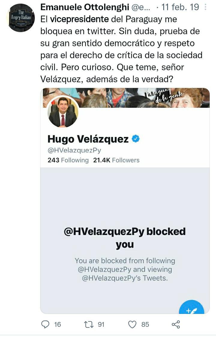 El vicepresidente de la República y precandidato presidencial por el oficialismo, Hugo Velázquez, bloqueó en su cuenta de Twitter al experto internacional en materia de terrorismo, el italiano Manuele Ottolenghi. Foto: Captura de pantalla.