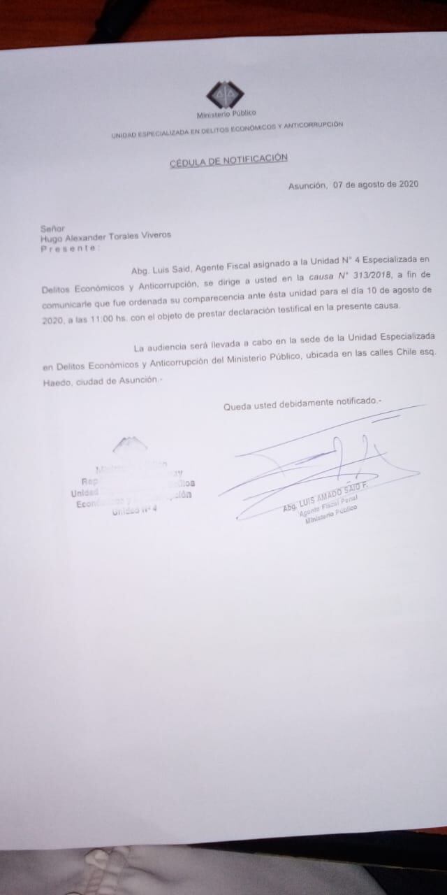 Citación realizada por el agente fiscal. Foto: Gentileza.