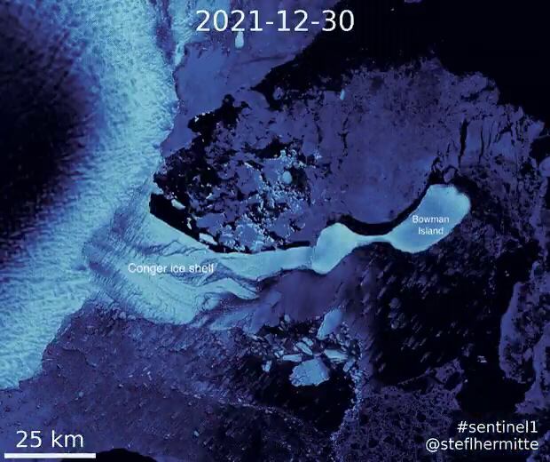 Imágenes satelitales muestran la desintegración del témpano Conger, de unos 1.200 kilómetros cuadrados, desde 2017 a la actualidad. Foto: Captura de video.