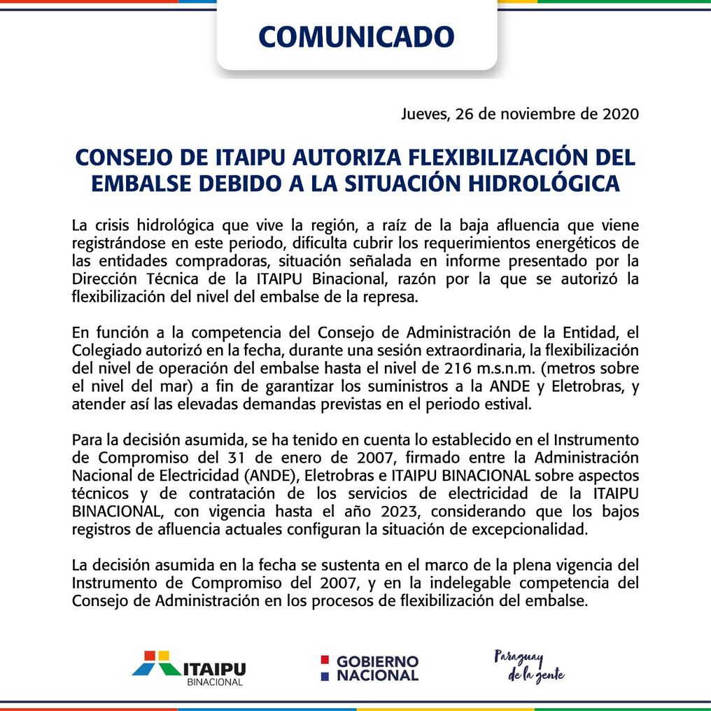 Comunicado emitido por Itaipú. Foto: Gentileza.