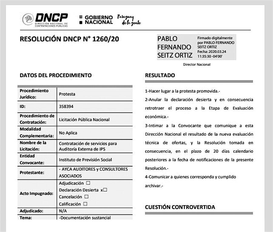 Contrataciones ordenó al IPS reevaluar ofertas como resultado de una protesta.
