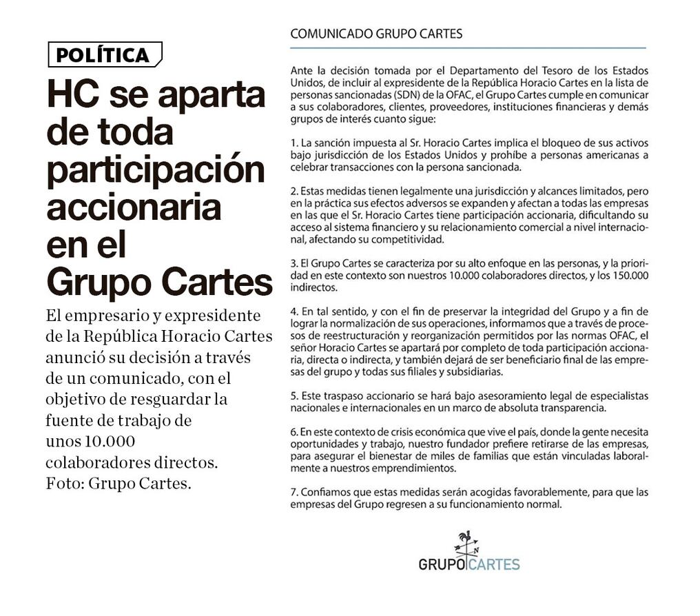 HC se aparta de toda participación accionaria en el Grupo Cartes