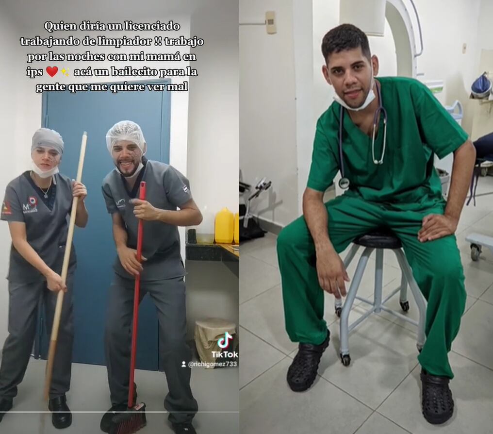 Richi Gómez es un personal de blanco que también presta servicio como limpiador, testimonio de vida que se viralizó en TikTok. Foto: Gentileza