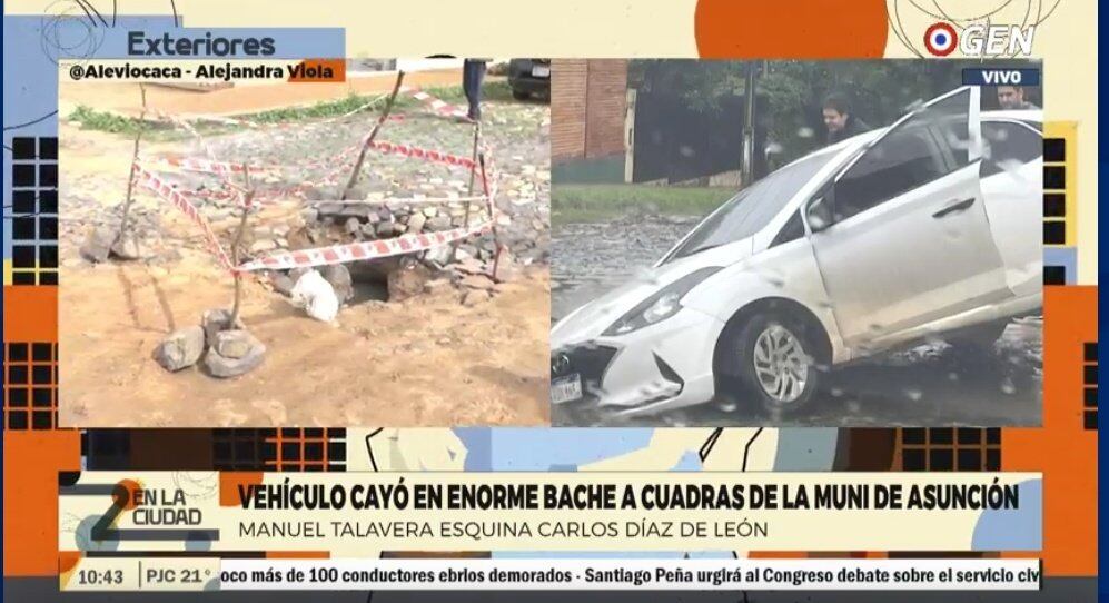 Un automóvil cayó en la tarde del domingo último en un enorme bache que se agrandó aún más luego de las últimas lluvias. Foto: Captura de pantalla.