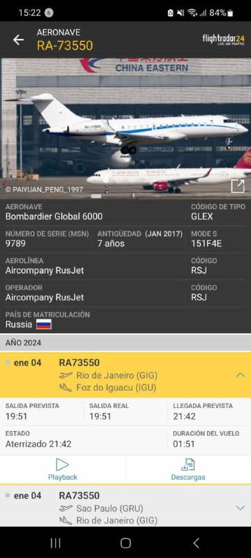 El itinerario del avión ruso según la aplicación Flightradar24.