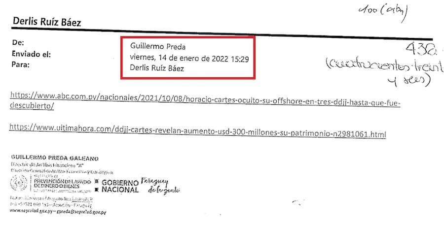 Copia del correo electrónico donde consta la orden del funcionario Guillermo Preda para incluir información que perjudique a Cartes