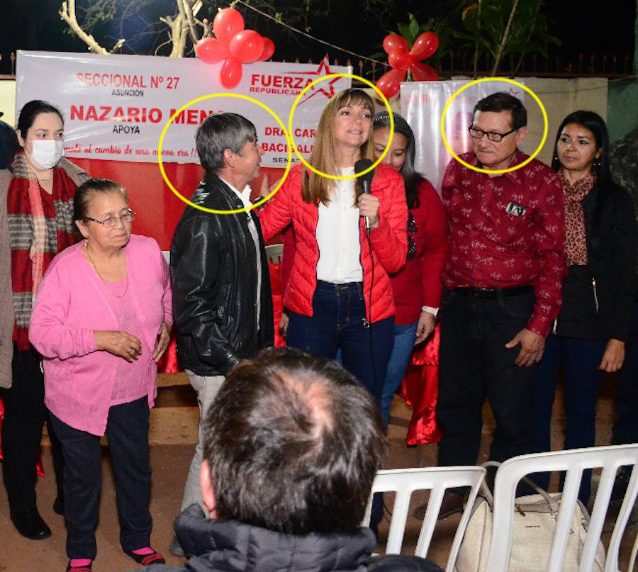 En círculo a la izquierda, el presidente de la Fedem, Miguel Sanabria
Irepa, apoyando acto político de la exministra Carla Bacigalupo,
que le realizó millonaria transferencia para cursos. A la derecha, el
consultor Nazario Mena