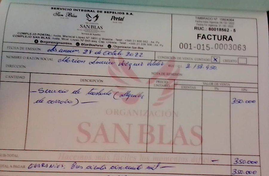 The invoice for the service of the transfer of the coffin of the commander of the EPP to the Good Shepherd came out in the name of the former director of the Good Shepherd, who apparently acted by order of Édgar Taboada and the new head of Justice, Daniel Benítez.