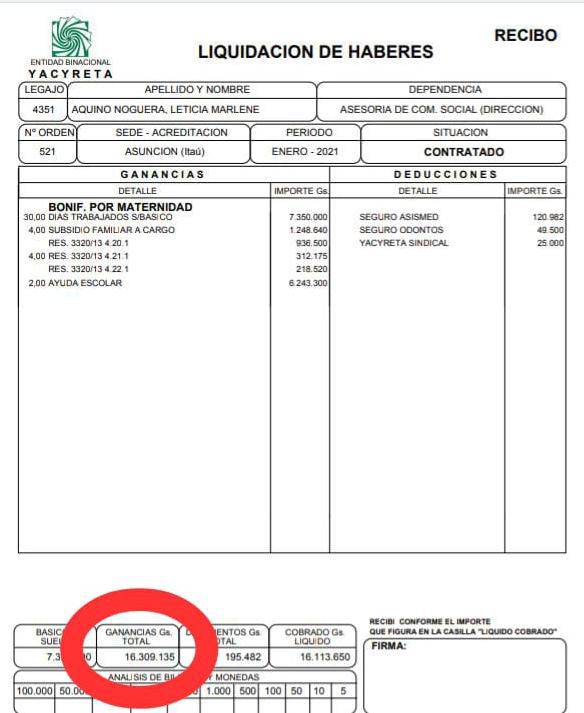 Recibo de ingresos de la maquilladora en la binacional. Foto: Gentileza.