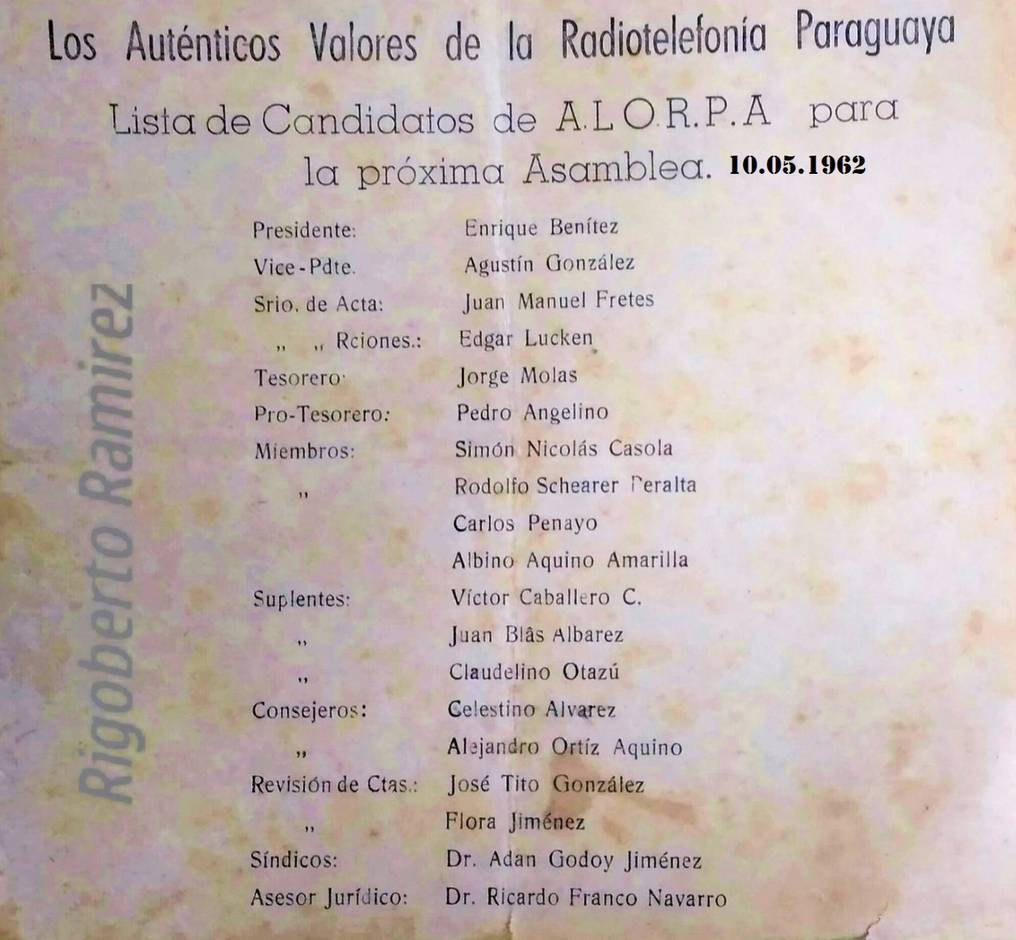 Volante de promoción de candidaturas de la asamblea de la Alorpa, del mes de mayo de 1962. Foto archivo de Rigoberto Ramírez Álvarez.