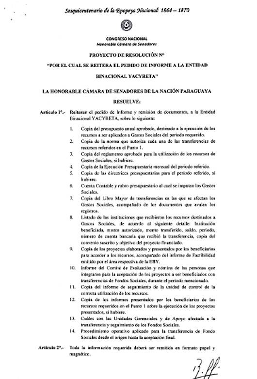 Proyecto de resolución donde el senador Blas Llano reitera pedido de informe a Yacyretá. Mismo informe también solicitó a Itaipú.